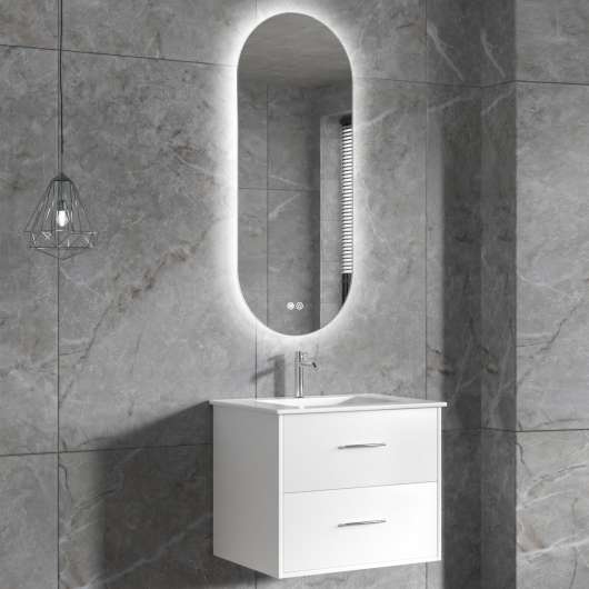 Badrumsmöbel | Oval LED-spegel | Kommod med blandare | Nimbo - 60 cm