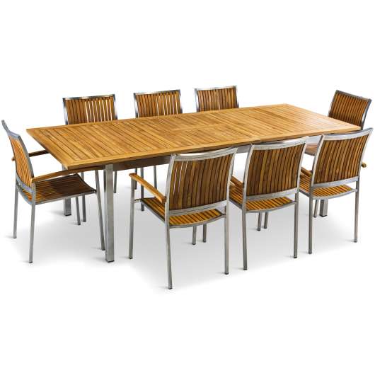 Förlängningsbart bord 200-250cm | 8 stolar | Rostfritt stål / teak