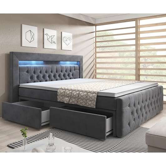 Sängpaket 180x200cm med förvaring och LED-belysning | Franco - Grå