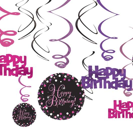 Swirls Happy Birthday Svart/Rosa Glitter - 12-pack